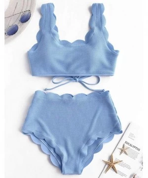 Bottoms Women Split Swimsuit Ladies Wavy Bandage Solid Color Push Up Tankini Sets Beachwear Swimwear Suit - Blue - CO193ACZW6A