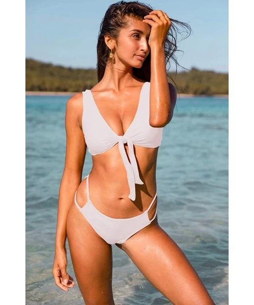 Sets Bikini Swimwear Womens Tie Knot Two Piece Swimsuit Cutout Sexy Bathing Suit Striped Bikini Set - White - CU1933L0QRH