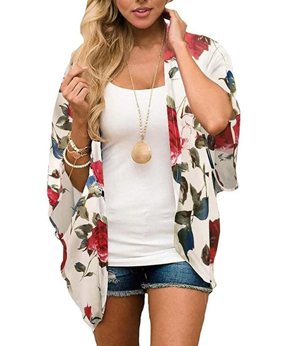 Cover-Ups Women's Flowy Summer Chiffon Kimono Cardigans Tops Boho Floral Beach Cover Ups Casual Loose Shirts - Floral/Beige -...