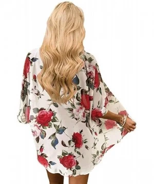 Cover-Ups Women's Flowy Summer Chiffon Kimono Cardigans Tops Boho Floral Beach Cover Ups Casual Loose Shirts - Floral/Beige -...