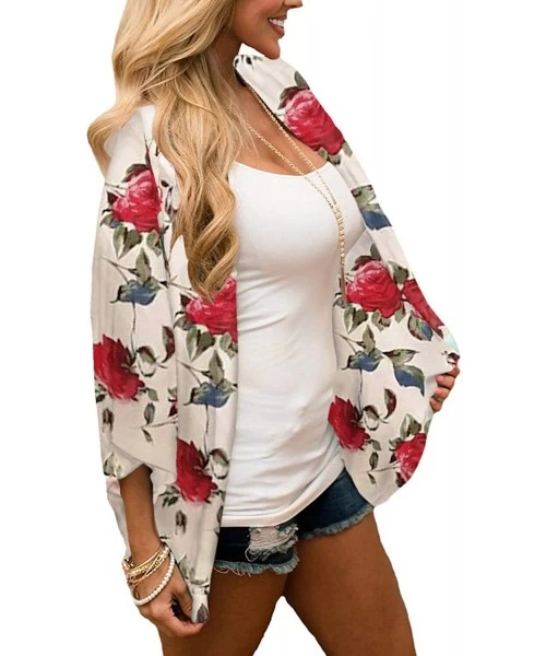 Cover-Ups Women's Flowy Summer Chiffon Kimono Cardigans Tops Boho Floral Beach Cover Ups Casual Loose Shirts - Floral/Beige -...