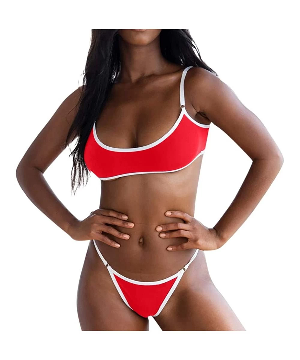 Racing Women Bandeau Bikini Set Push-Up Brazilian Low Waist Thongs Swimwear Beachwear Swimsuit - Red - C0193XE73ZX