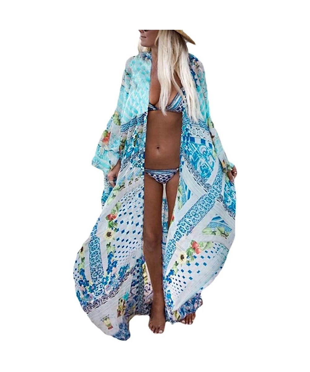 Cover-Ups Womens Chiffon/Rayon Beach Blouses Kimono Cardigan Long Bikini Cover Up - Multi Color - CY18DW94GTM