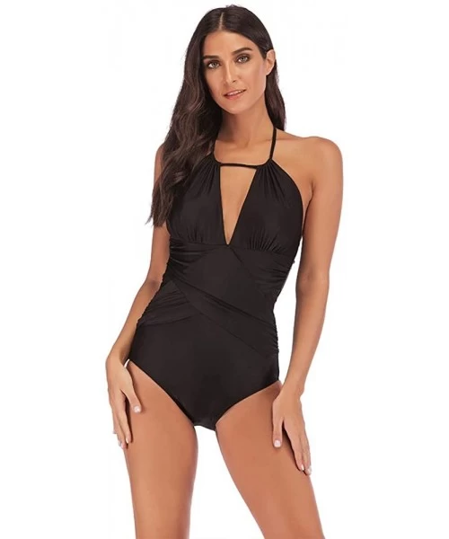 One-Pieces Womens Ruched One Piece Swimsuit Tummy Control Slimming Suit Vintage Swimwear - Black - CZ18OAU4U4X