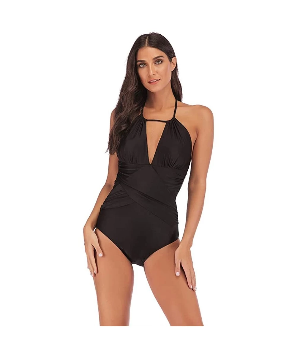 One-Pieces Womens Ruched One Piece Swimsuit Tummy Control Slimming Suit Vintage Swimwear - Black - CZ18OAU4U4X