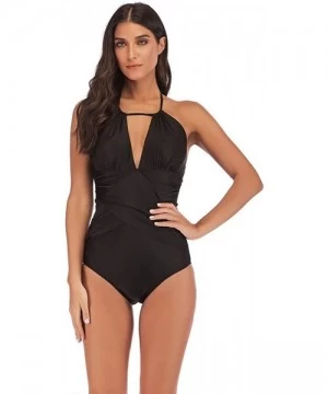 One-Pieces Womens Ruched One Piece Swimsuit Tummy Control Slimming Suit Vintage Swimwear - Black - CZ18OAU4U4X