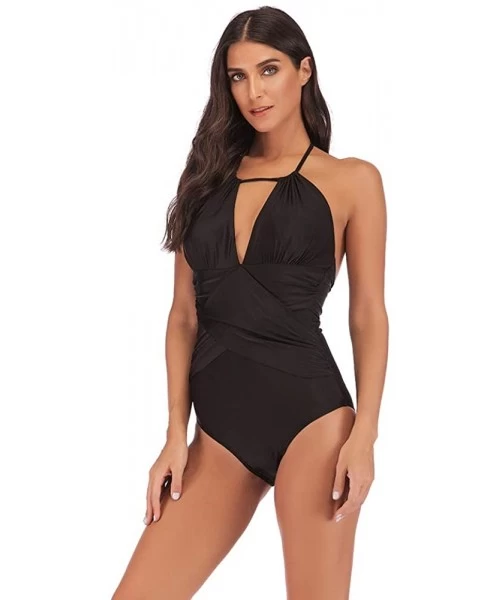 One-Pieces Womens Ruched One Piece Swimsuit Tummy Control Slimming Suit Vintage Swimwear - Black - CZ18OAU4U4X