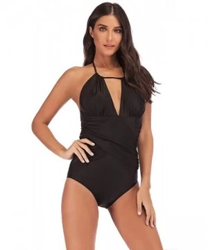 One-Pieces Womens Ruched One Piece Swimsuit Tummy Control Slimming Suit Vintage Swimwear - Black - CZ18OAU4U4X