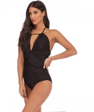 One-Pieces Womens Ruched One Piece Swimsuit Tummy Control Slimming Suit Vintage Swimwear - Black - CZ18OAU4U4X