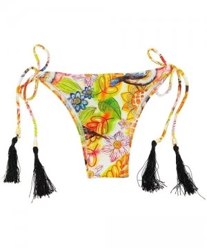 Bottoms Brazilian Women's Bikini Bottom V-Style Tie Side Thong Floral Printed Swimwear Tassal Decor - 1707bk - CM18UK4K038