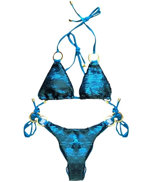 Sets Women Sequin Halter Bikini Set Sexy Triangle Swimwear Bathing Suit - Cobalt - CR18DLR8DKT