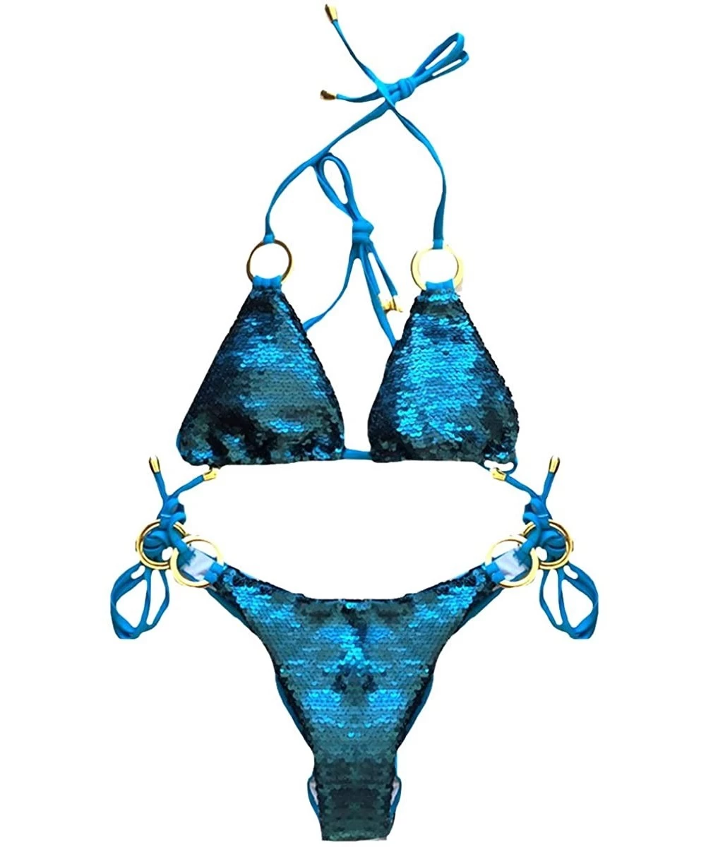 Sets Women Sequin Halter Bikini Set Sexy Triangle Swimwear Bathing Suit - Cobalt - CR18DLR8DKT