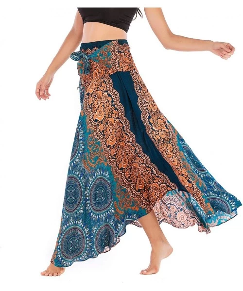 Cover-Ups Women's Wrap Skirt Halter Dress Hippie Bohemian Gypsy Flowy Long Maxi Beach Skirts - Green - CI18U2INLXS