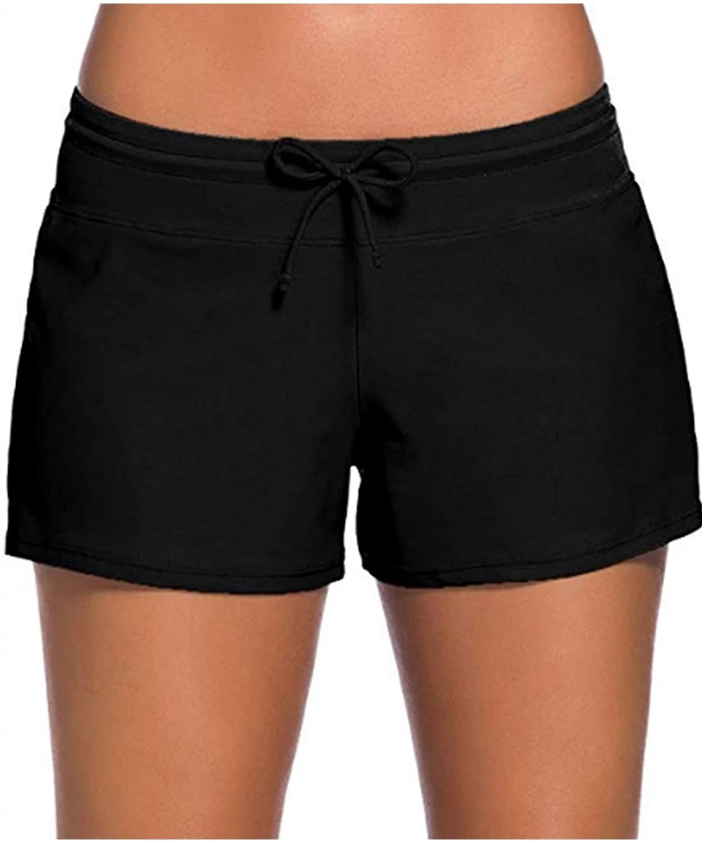 Tankinis Women s Stretch High Waisted Swim Shorts Drawstring Beach Bottom Swim Shorts Swimsuit - Black - CU18QCXDGM9