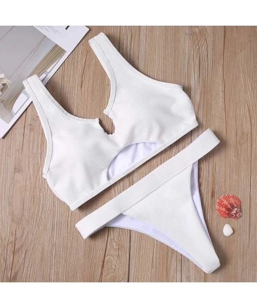 Sets Women's 2 Pieces Push Up Swimsuit V Bottom Style Bikini Bottom Bra Sport Sets - White-2 - C218R92QR2I