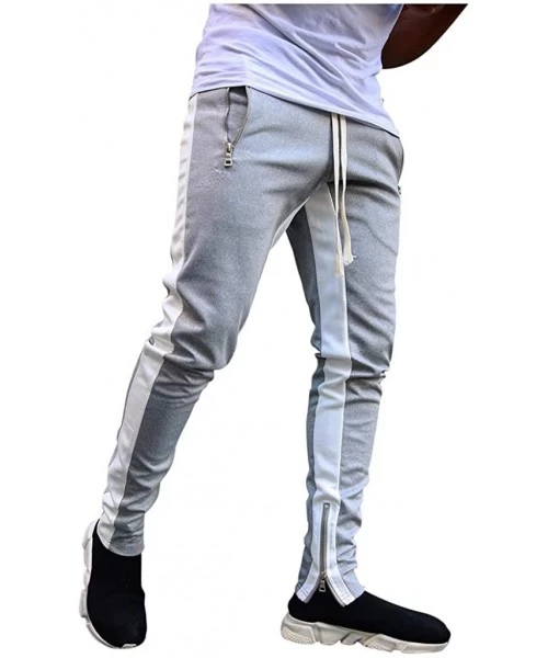 Rash Guards Mens Jogger Pants Slim Fit Side Stripe Casual Tapered Sweatpants with Zip Pockets and Bottom - Gray - CJ193LOI4RN