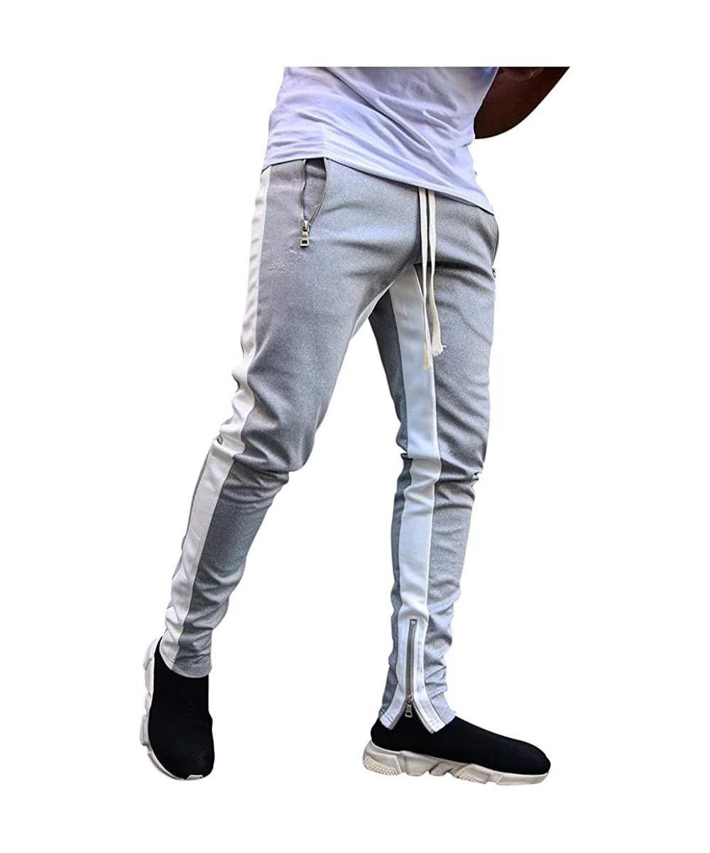 Rash Guards Mens Jogger Pants Slim Fit Side Stripe Casual Tapered Sweatpants with Zip Pockets and Bottom - Gray - CJ193LOI4RN