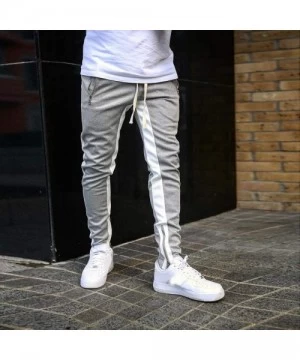 Rash Guards Mens Jogger Pants Slim Fit Side Stripe Casual Tapered Sweatpants with Zip Pockets and Bottom - Gray - CJ193LOI4RN