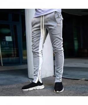 Rash Guards Mens Jogger Pants Slim Fit Side Stripe Casual Tapered Sweatpants with Zip Pockets and Bottom - Gray - CJ193LOI4RN