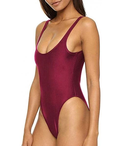 One-Pieces Retro One Piece Bikini Women Elastic High Cut Low Back Swimwear Bathing Suits - Purple - C318QYET7LW