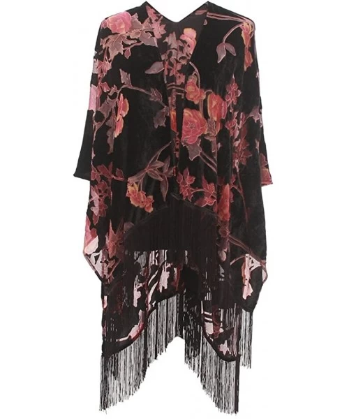 Cover-Ups Burnout Velvet Kimono Cover up - Women Floral Ruana Poncho Cardigan Dress with Fringe - Srpj-024 - CC187IIS8IH