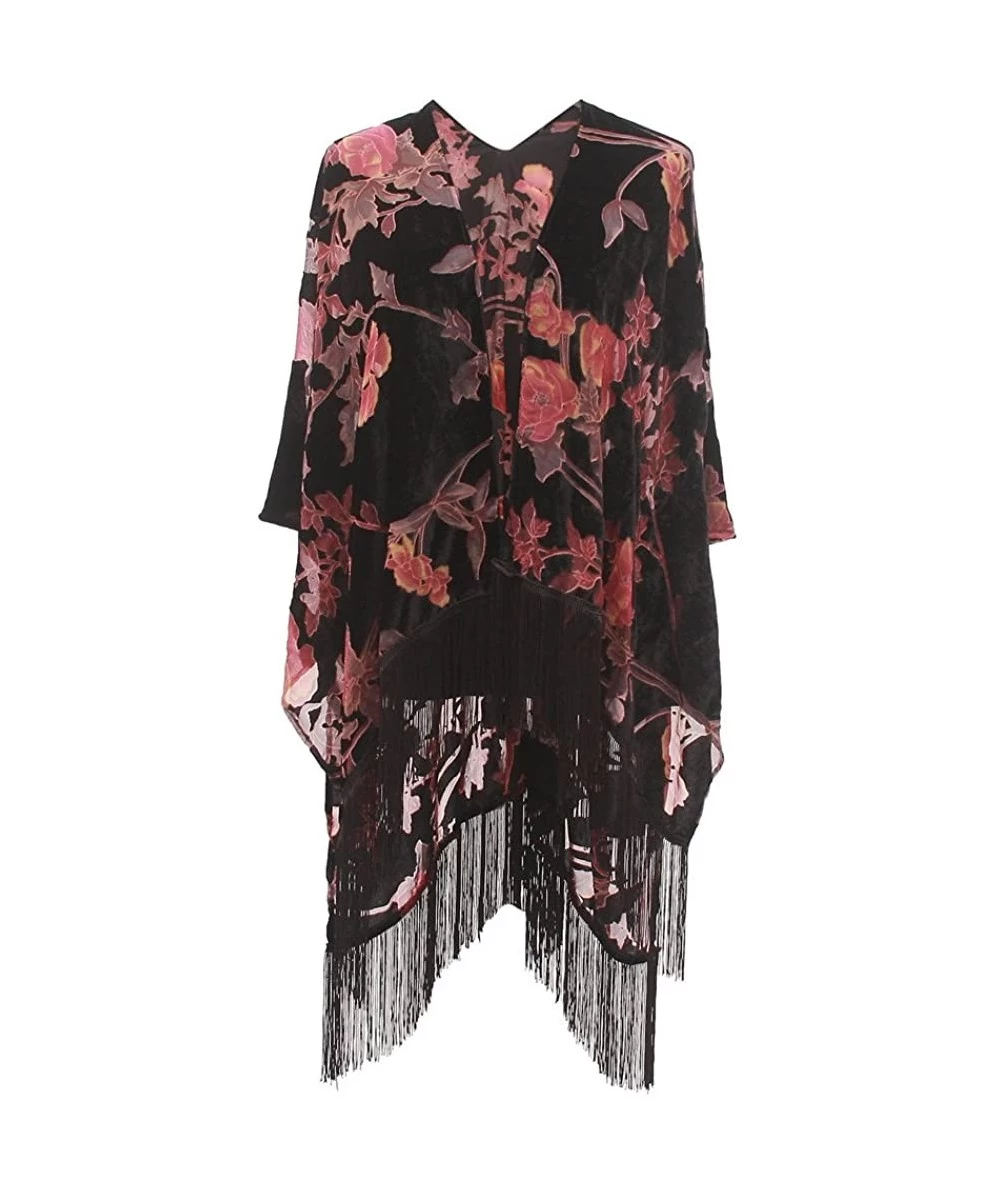 Cover-Ups Burnout Velvet Kimono Cover up - Women Floral Ruana Poncho Cardigan Dress with Fringe - Srpj-024 - CC187IIS8IH