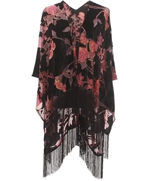 Cover-Ups Burnout Velvet Kimono Cover up - Women Floral Ruana Poncho Cardigan Dress with Fringe - Srpj-024 - CC187IIS8IH