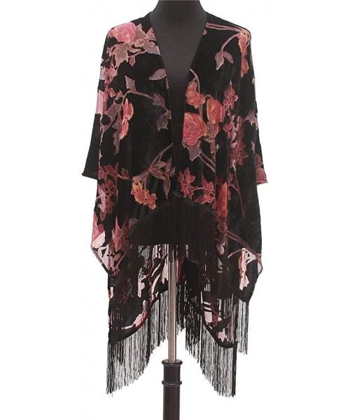 Cover-Ups Burnout Velvet Kimono Cover up - Women Floral Ruana Poncho Cardigan Dress with Fringe - Srpj-024 - CC187IIS8IH