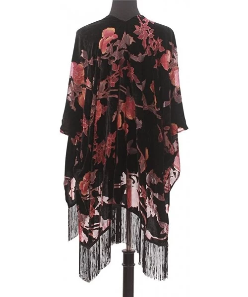 Cover-Ups Burnout Velvet Kimono Cover up - Women Floral Ruana Poncho Cardigan Dress with Fringe - Srpj-024 - CC187IIS8IH