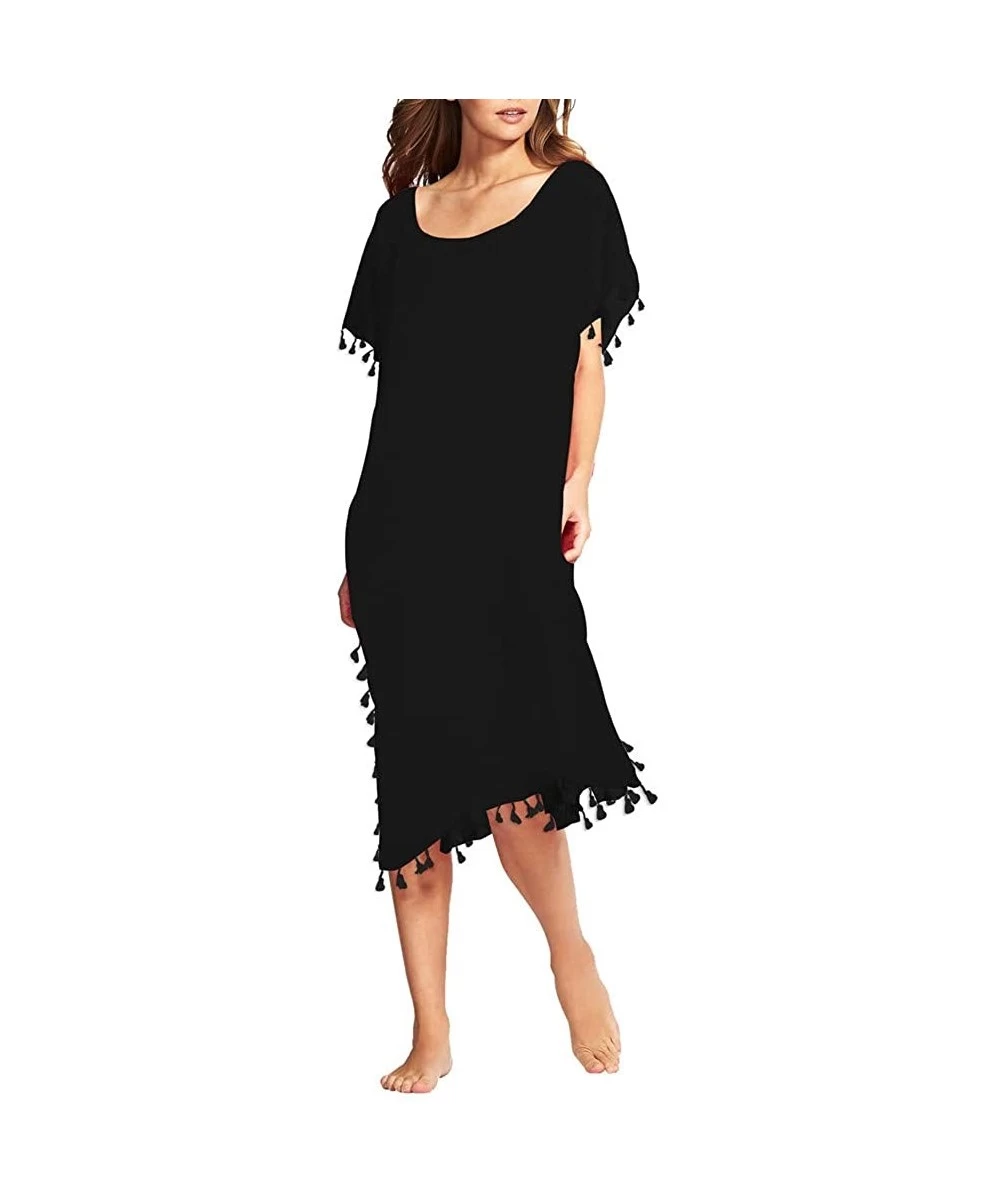 Cover-Ups Women Chiffon Tassel Swimsuit Bikini Stylish Beach Cover up - Black - Long - CY1928GNXMY