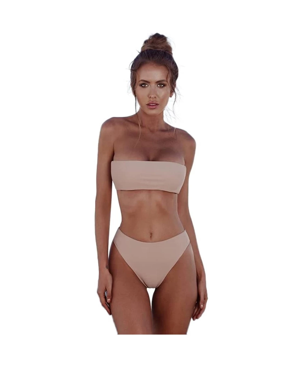 Sets Women's Two Pieces Bandeau Bikini Set Swimsuits Off Shoulder High Waist Bathing Suit Solid Swimwear - Pink - CB194N63YZ3