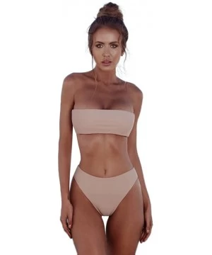 Sets Women's Two Pieces Bandeau Bikini Set Swimsuits Off Shoulder High Waist Bathing Suit Solid Swimwear - Pink - CB194N63YZ3