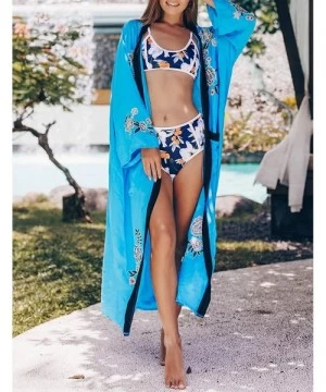 Cover-Ups Women's Sexy Fashion Loose Bikini Swimwear Cover Up Long Kimono Cardigan - Blue - CT1942I3TGN