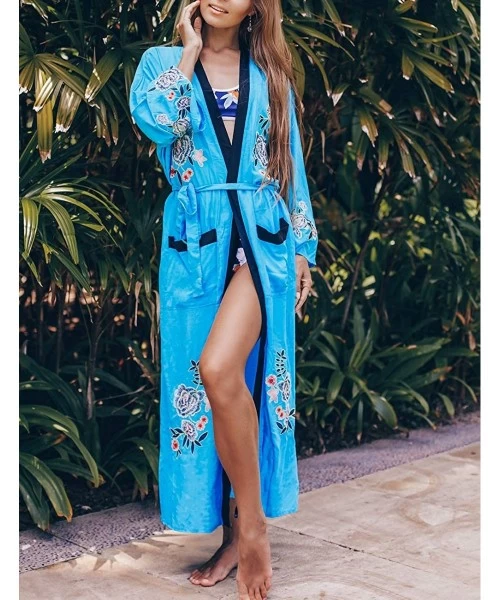 Cover-Ups Women's Sexy Fashion Loose Bikini Swimwear Cover Up Long Kimono Cardigan - Blue - CT1942I3TGN