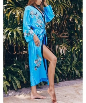 Cover-Ups Women's Sexy Fashion Loose Bikini Swimwear Cover Up Long Kimono Cardigan - Blue - CT1942I3TGN