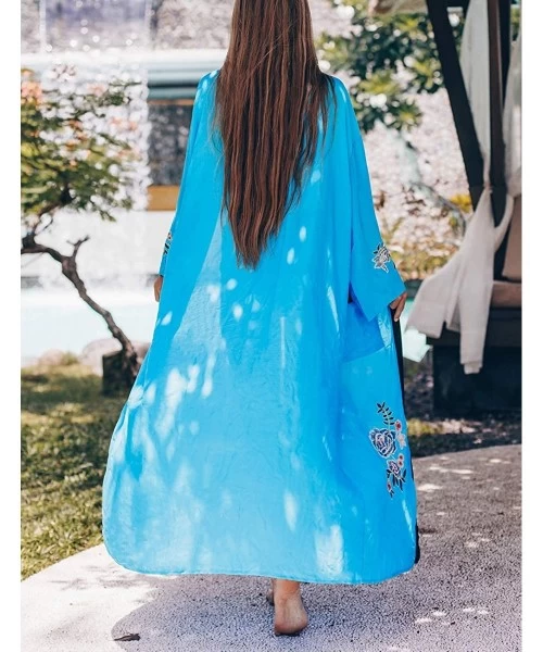 Cover-Ups Women's Sexy Fashion Loose Bikini Swimwear Cover Up Long Kimono Cardigan - Blue - CT1942I3TGN