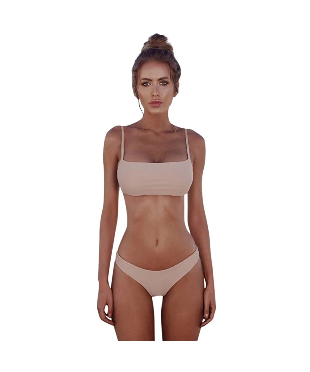 Sets Women's Sexy Bandeau Bikini Set Push Up Paded Two-Piece Swimwear Thong Brazilian Bathing Suit - A-beige - C31902YN4W7