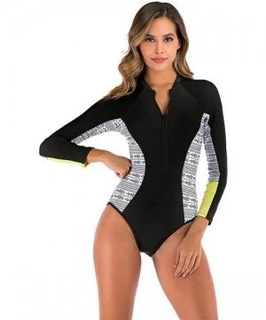 Rash Guards Women's One-Piece Rash Guard Long Sleeve Zipper Printed Surfing Bathing Suit Swimsuit - Yellowblack - CH199U055R5