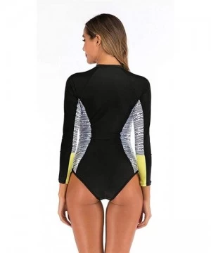 Rash Guards Women's One-Piece Rash Guard Long Sleeve Zipper Printed Surfing Bathing Suit Swimsuit - Yellowblack - CH199U055R5