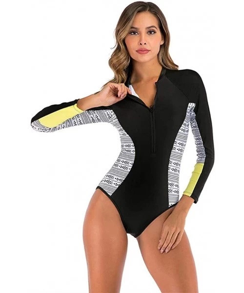 Rash Guards Women's One-Piece Rash Guard Long Sleeve Zipper Printed Surfing Bathing Suit Swimsuit - Yellowblack - CH199U055R5