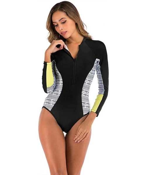 Rash Guards Women's One-Piece Rash Guard Long Sleeve Zipper Printed Surfing Bathing Suit Swimsuit - Yellowblack - CH199U055R5