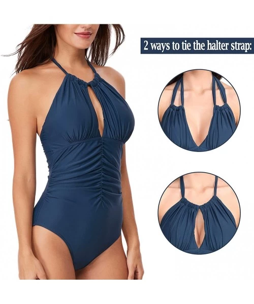 One-Pieces Women's One Piece Swimsuits Tummy Control Swimwear Halter Bathing Suits V Neck Backless Monokini Ruched Bikini Blu...