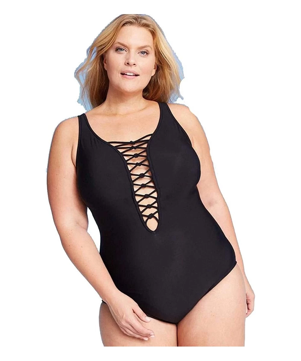 One-Pieces Women's Plus Size Lace-Up One Piece Swimsuit (Black) - CN19D3CG0CZ