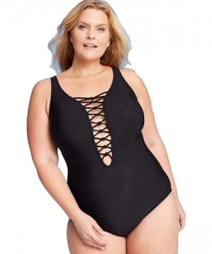 One-Pieces Women's Plus Size Lace-Up One Piece Swimsuit (Black) - CN19D3CG0CZ