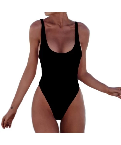 One-Pieces Women High Cut Removable Pad Wireless One Piece Backless Retro Cheeky Monokini - Black - CL18OWQH5US