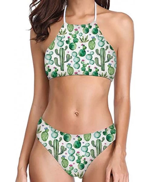 Sets Womens Forest Palm Leaves Sunflower Printing High Neck Halter Bikini Set Swimsuit XS-2XL - Pattern-13 - CF194RYZOIE