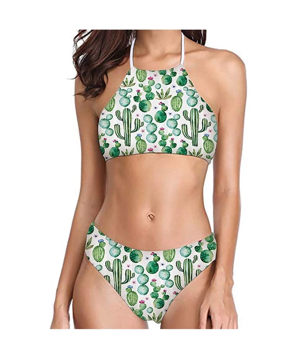 Sets Womens Forest Palm Leaves Sunflower Printing High Neck Halter Bikini Set Swimsuit XS-2XL - Pattern-13 - CF194RYZOIE