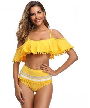 Sets Women Mesh Striped Bikini Set Off The Shoulder Ruffle Tassel Trim Top High Waisted Halter Straps Swimsuit Yellow - C118U...