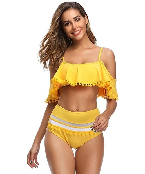 Sets Women Mesh Striped Bikini Set Off The Shoulder Ruffle Tassel Trim Top High Waisted Halter Straps Swimsuit Yellow - C118U...