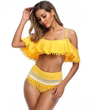 Sets Women Mesh Striped Bikini Set Off The Shoulder Ruffle Tassel Trim Top High Waisted Halter Straps Swimsuit Yellow - C118U...